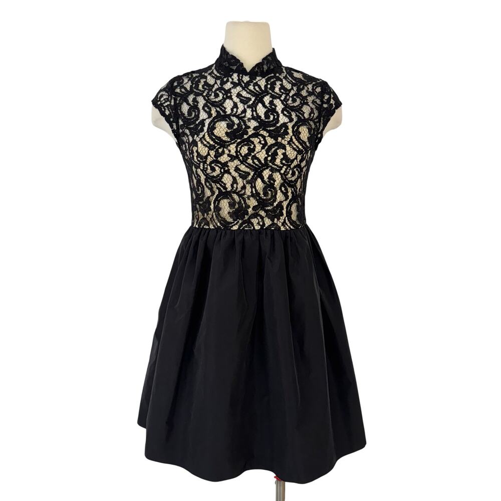 Alice + Olivia Lace Satin Cap Sleeve Mini Dress Black Nude | Fit like S